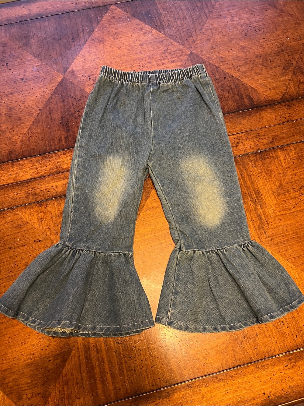 SHEIN Washed Blue Ruffle Hem Girls Denim Pants